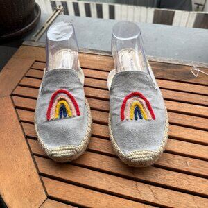 Soludos Womens Rainbow Embroidered Espadrille Mules Size 10 Grey Canvas Slip-On